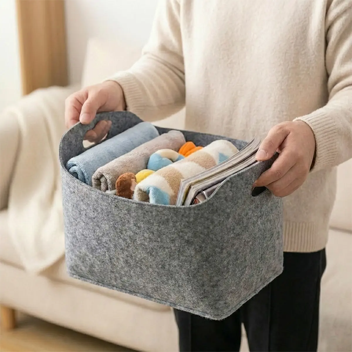 Cesto para Almacenamiento de Tela, Color Gris