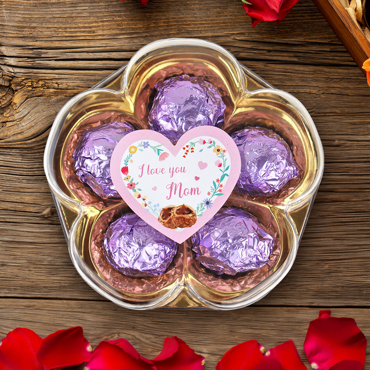 Caja de Trufas de Chocolate "I love you Mom" en Forma de Flor, 5 pzas