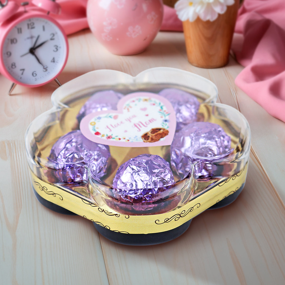 Caja de Trufas de Chocolate "I love you Mom" en Forma de Flor, 5 pzas