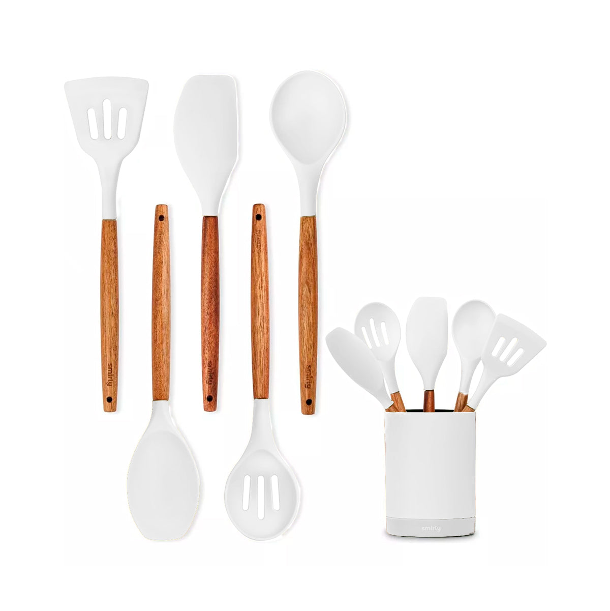 Juego de Utensilios de Cocina de Silicona con Soporte, Smirly, Color Blanco