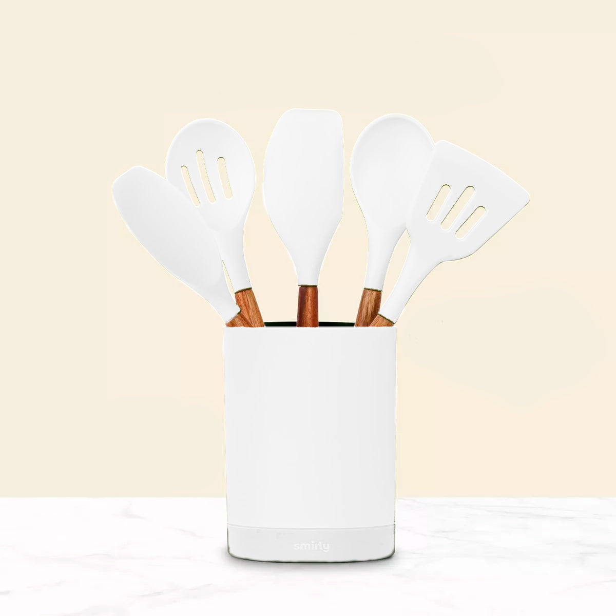 Juego de Utensilios de Cocina de Silicona con Soporte, Smirly, Color Blanco