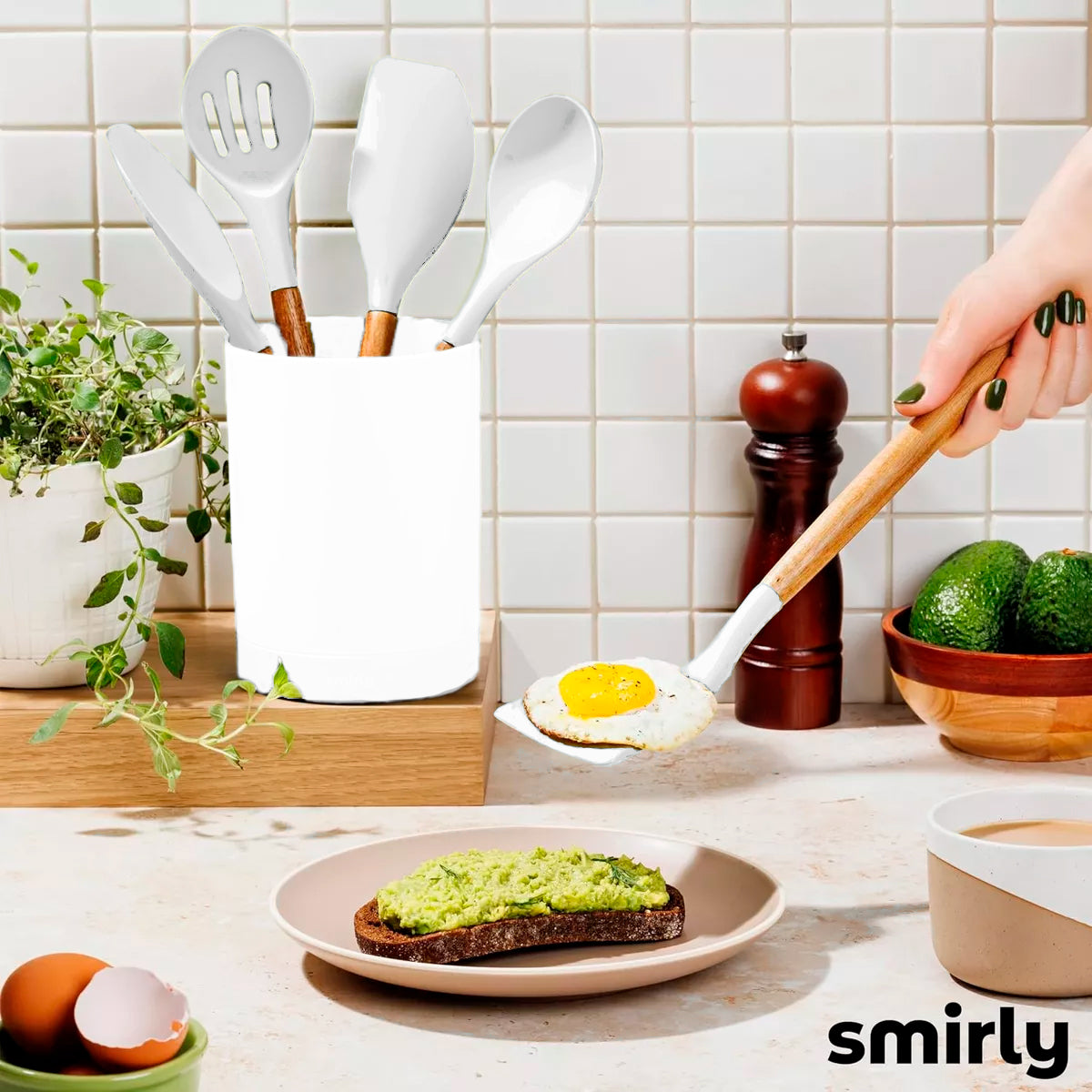 Juego de Utensilios de Cocina de Silicona con Soporte, Smirly, Color Blanco
