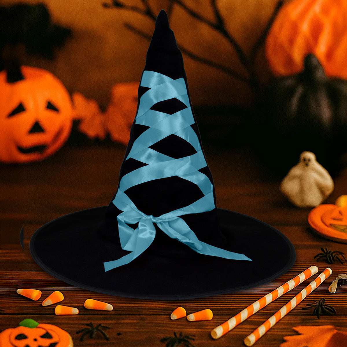 Sombrero de Bruja Negro Decorado con Listón Azul