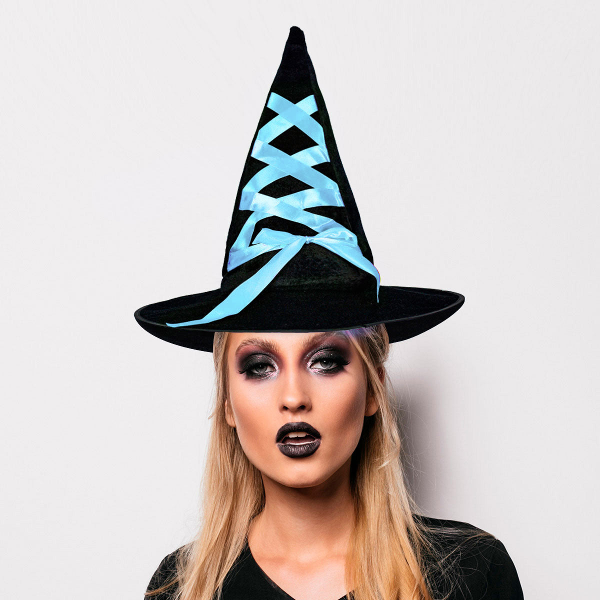 Sombrero de Bruja Negro Decorado con Listón Azul