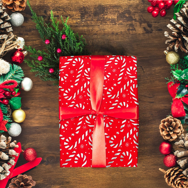 Papel Navideño para Envolver Regalos, Color Rojo, Bastones