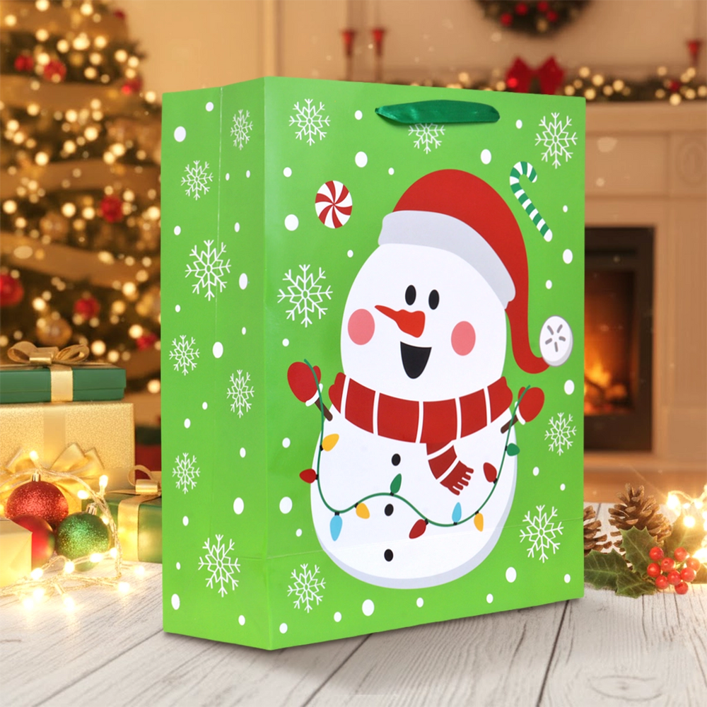 Bolsa de Regalo Navideña, Muñeco de Nieve, Color Verde