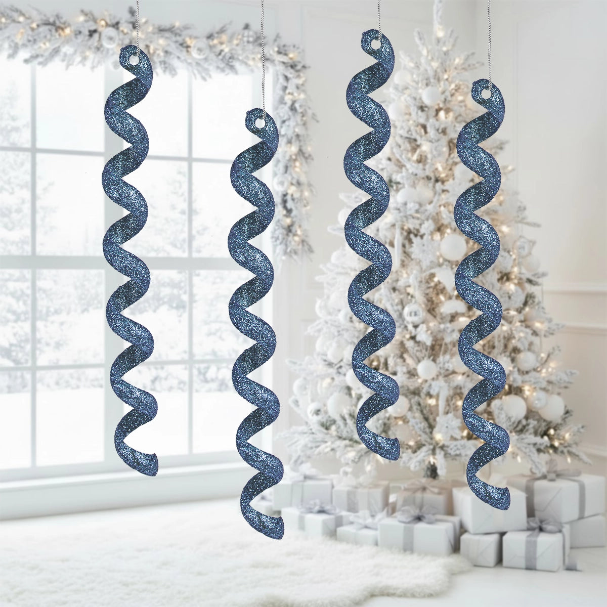 Ornamentos Navideños, Espiral, Color Azul, 4 pzas
