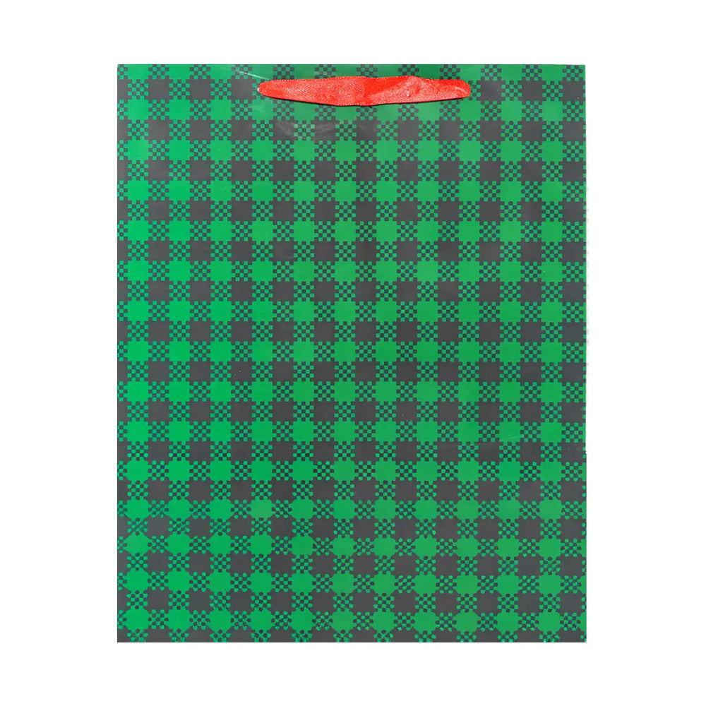 Bolsa de Regalo Navideña, Diseño Cuadros, Color Verde