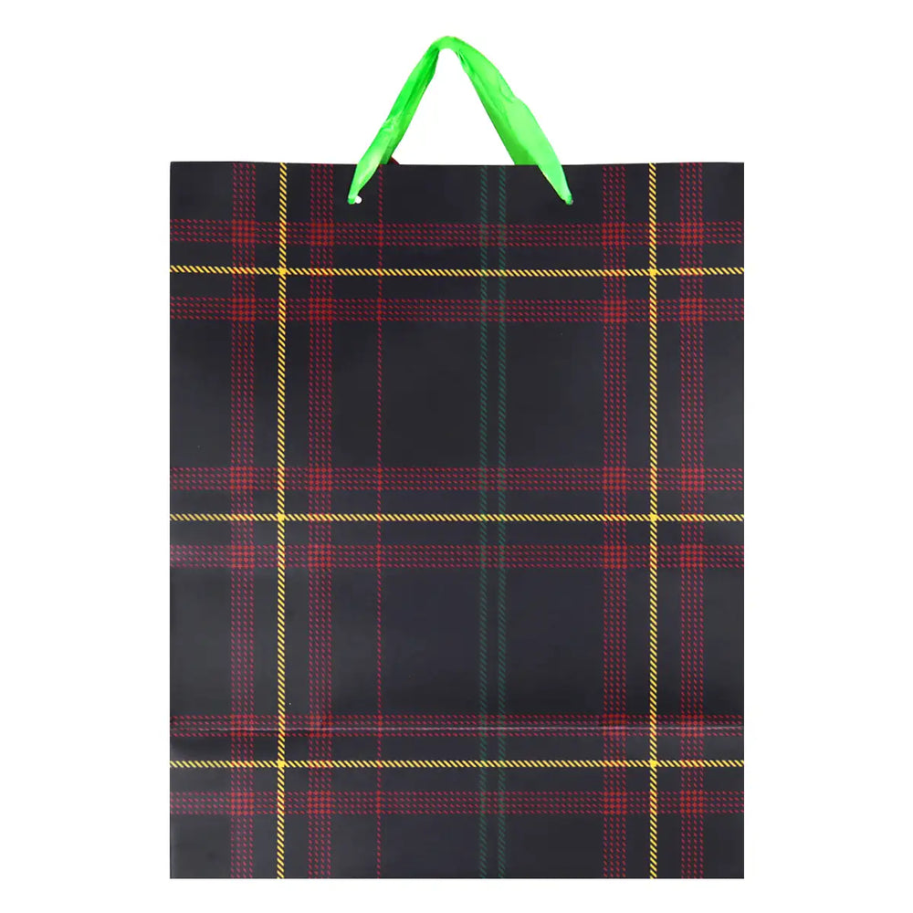 Bolsa de Regalo Navideña, Diseño Cuadros, Color Negro y Rojo