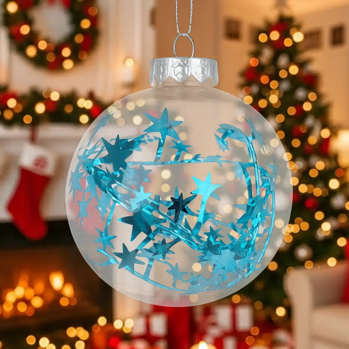 Esfera Navideña Redonda Transparente con Decoración Estrella, Color Azul