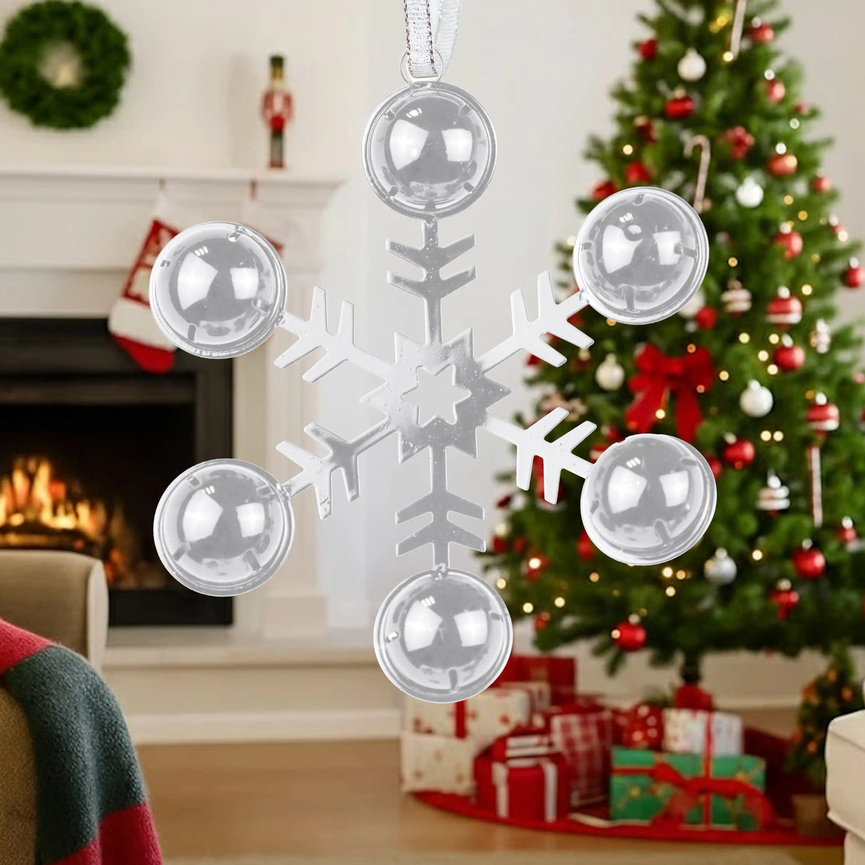 Ornamento, Copo de Nieve con Cascabeles, Color Plata