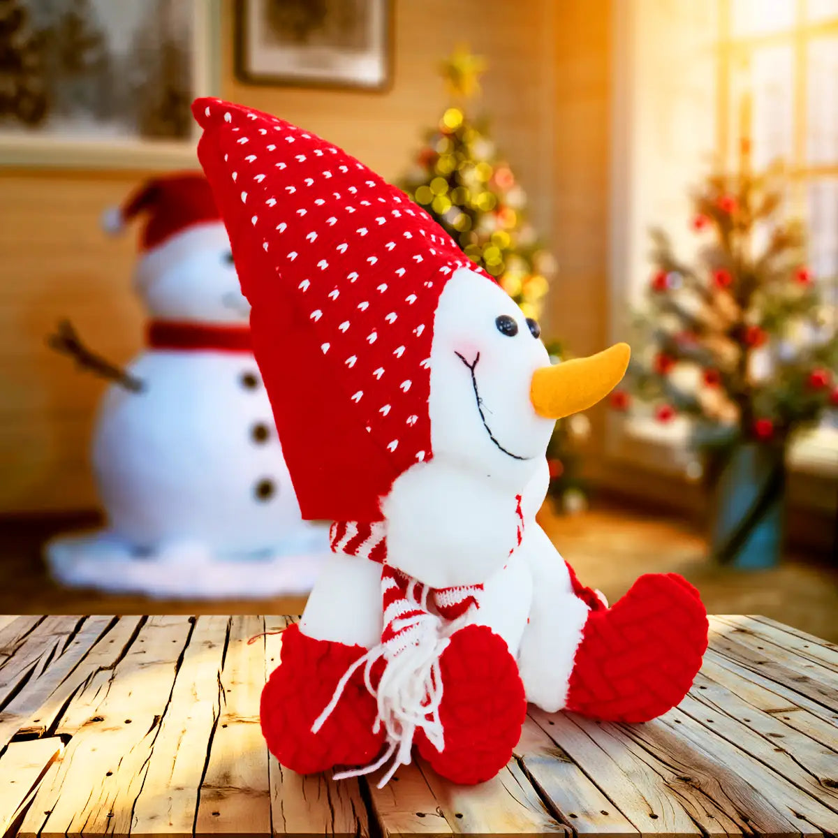 Peluche Navideño, Snowman con Sombrero, Color Rojo