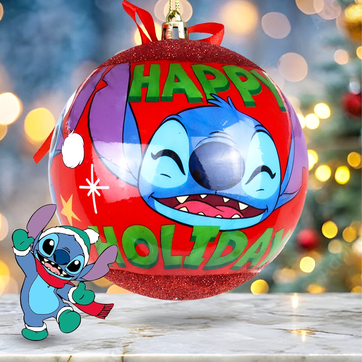 Esfera Navideña con Moño, Stitch, Color Rojo