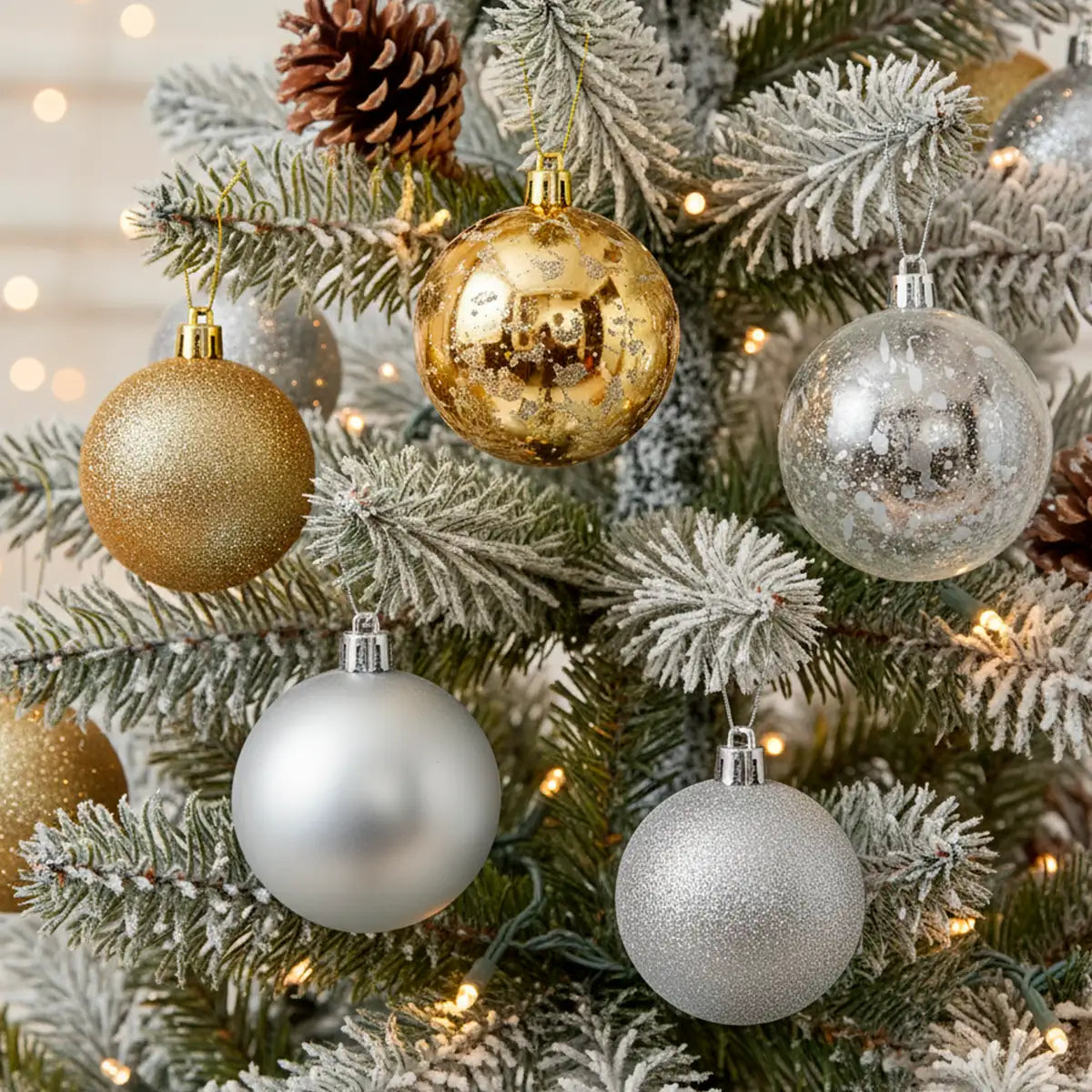 Mix de Esferas Navideñas, Color Plata. 5 pzas