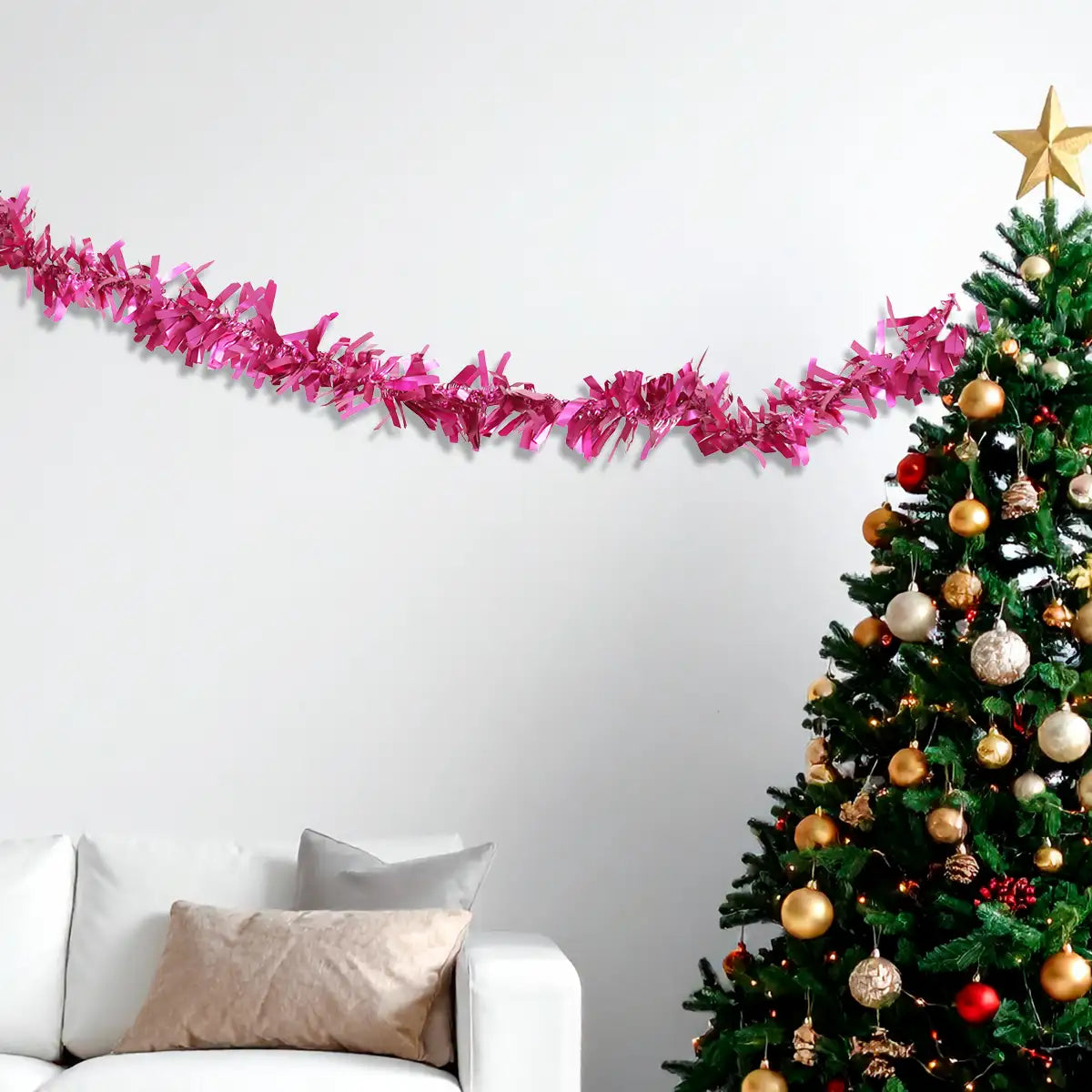 Guirnalda Navideña, Color Fucsia, Tinsel, 2.5 m