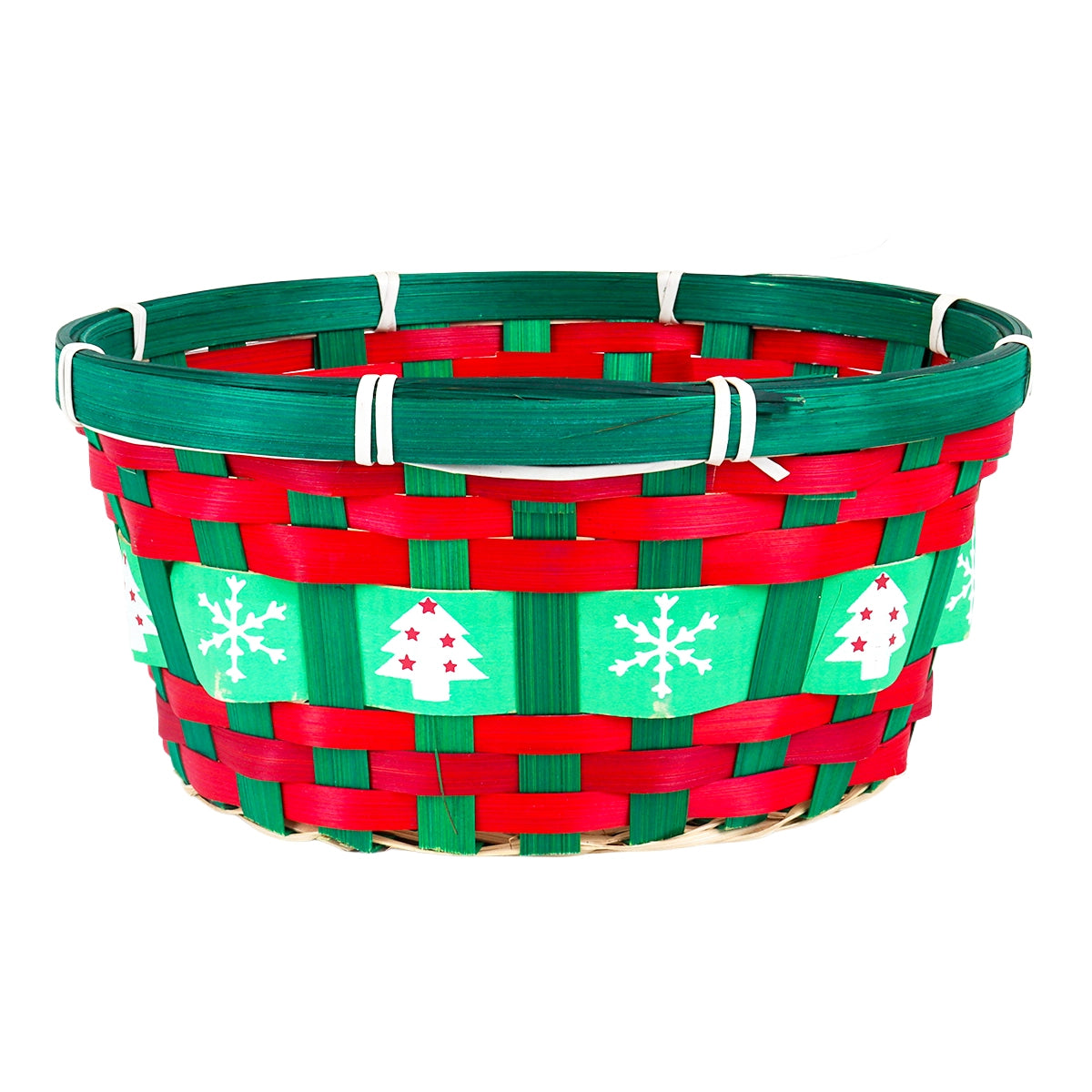 Canasta Ovalada Navideña de Bambú, Color Verde y Rojo
