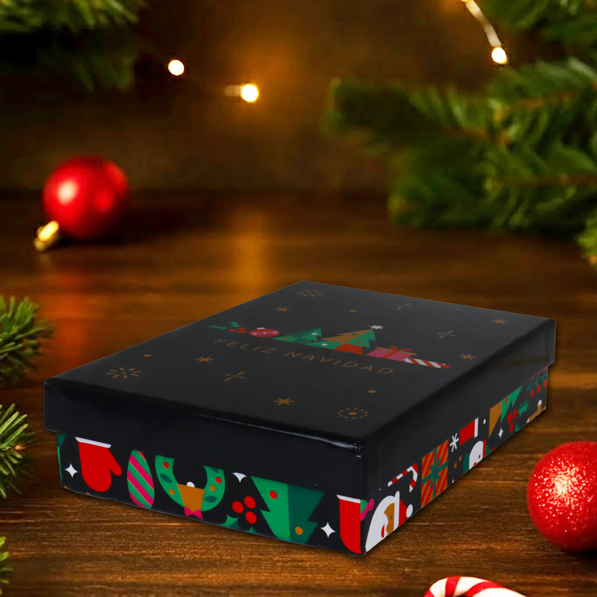 Caja de Regalo Navideña, Feliz Navidad, Pinos