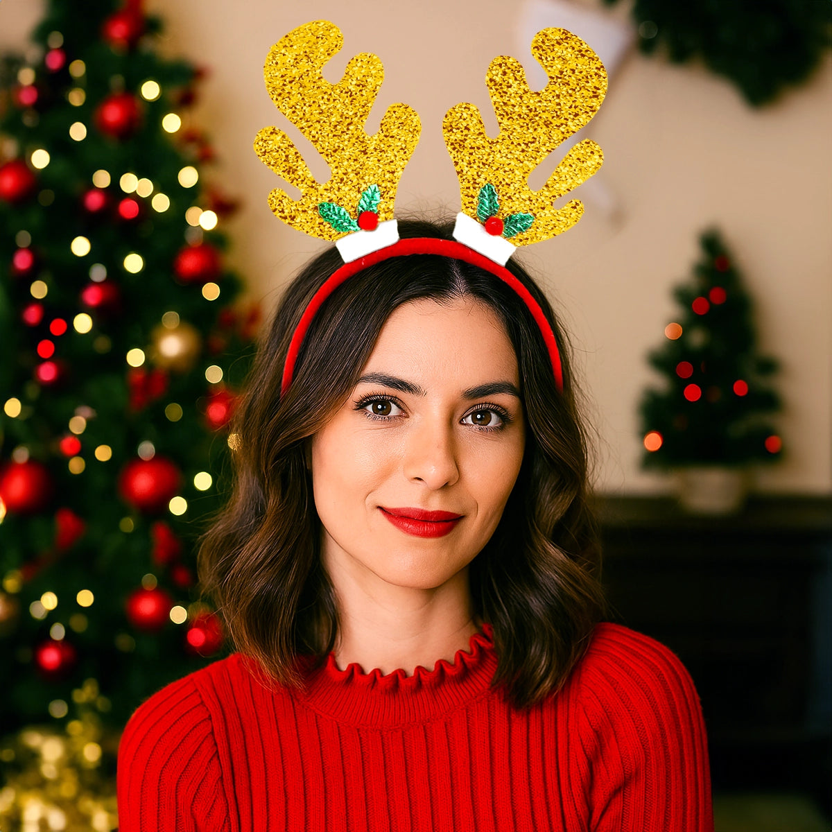 Diadema Navideña, Cuernos de Reno, Glitter, Color Oro