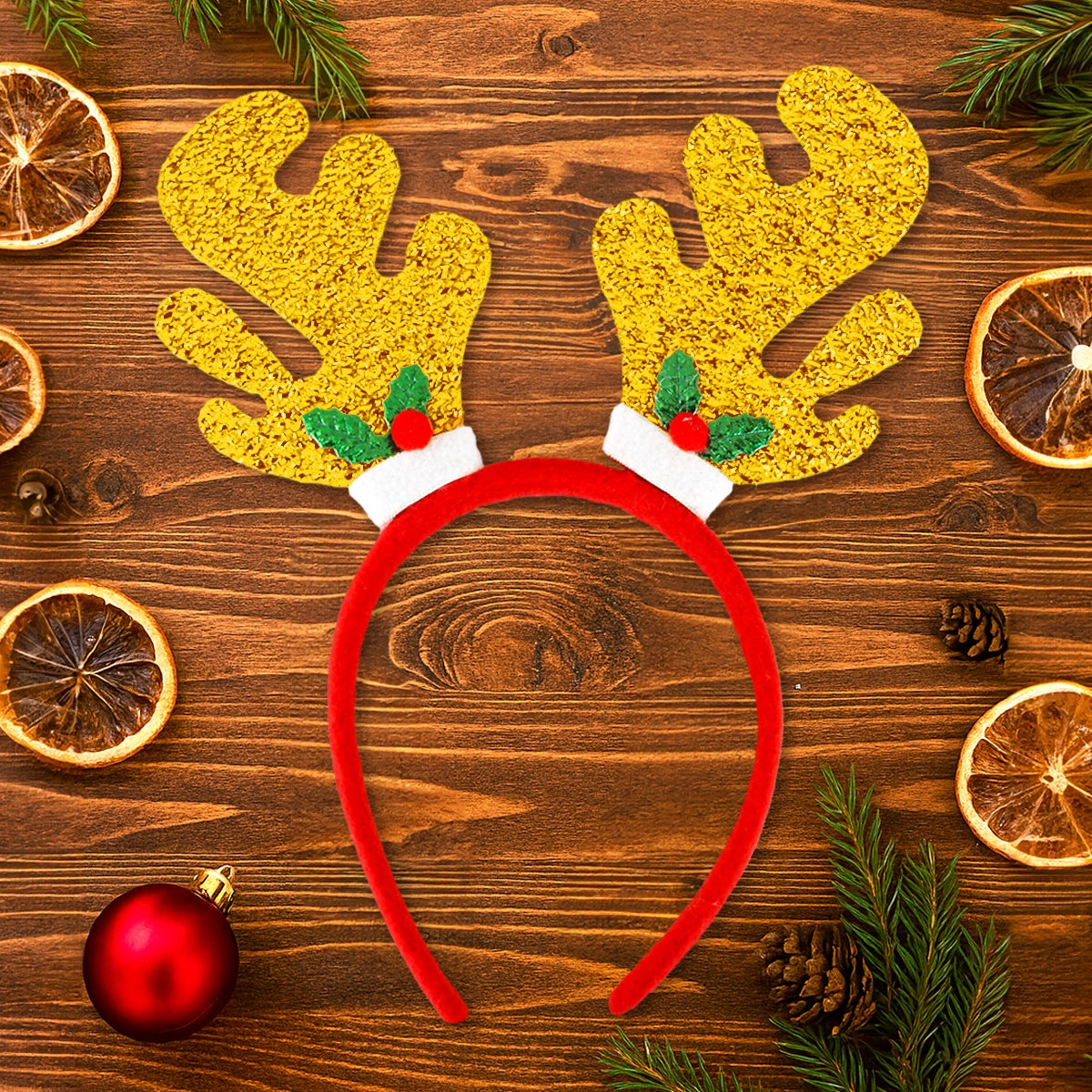 Diadema Navideña, Cuernos de Reno, Glitter, Color Oro