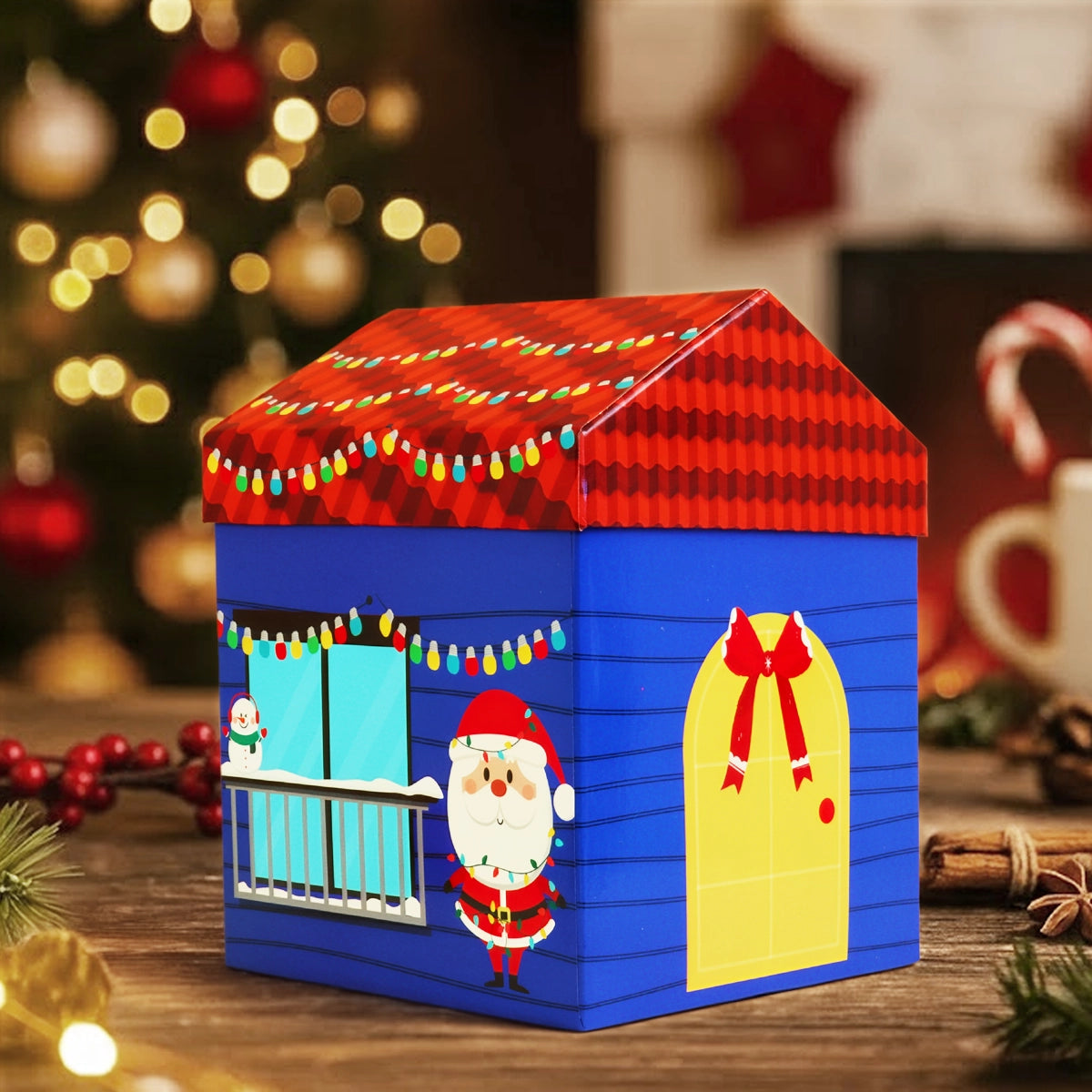 Caja Navideña en Forma de Casa, Color Azul