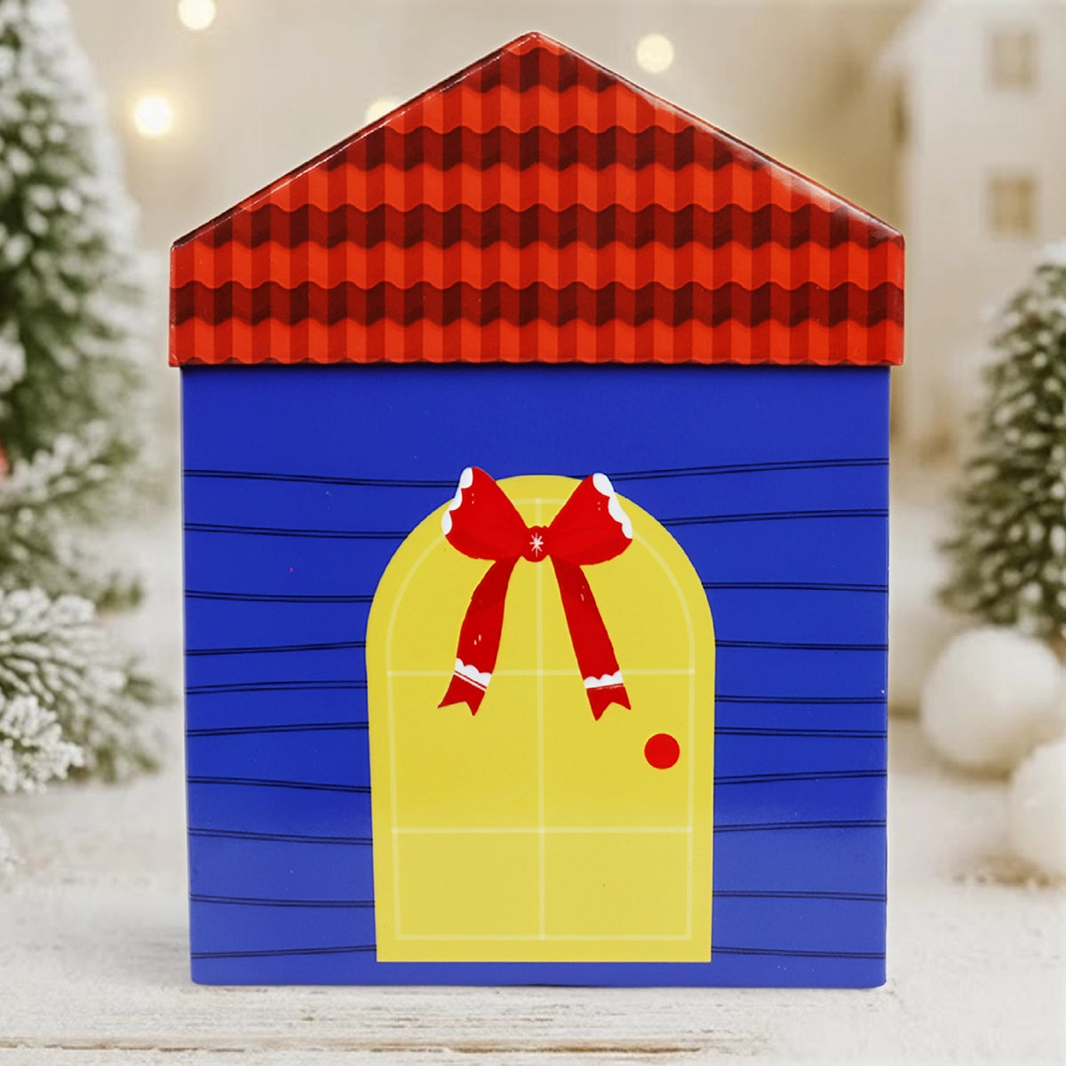 Caja Navideña en Forma de Casa, Color Azul