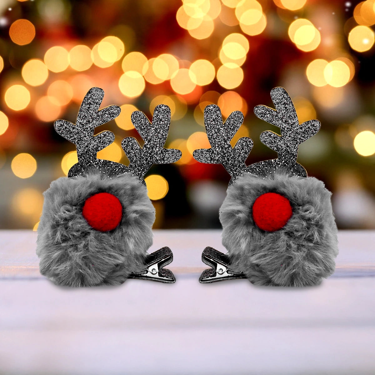 Broches de Cabello Navideños, Reno, Color Gris