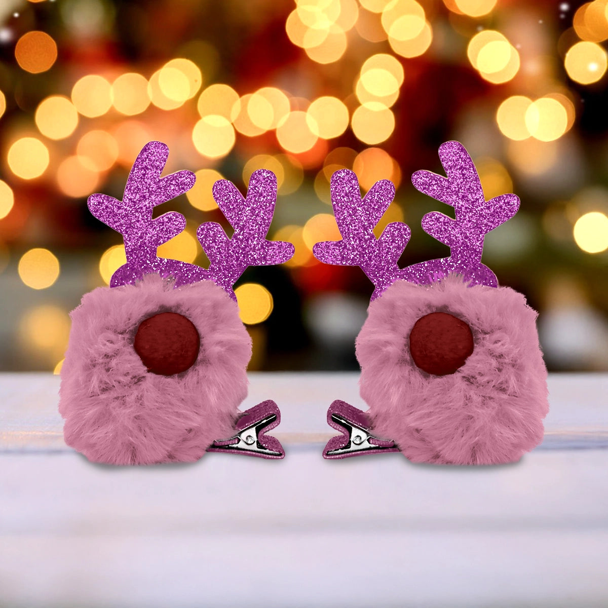 Broches de Cabello Navideños, Reno, Color Rosa