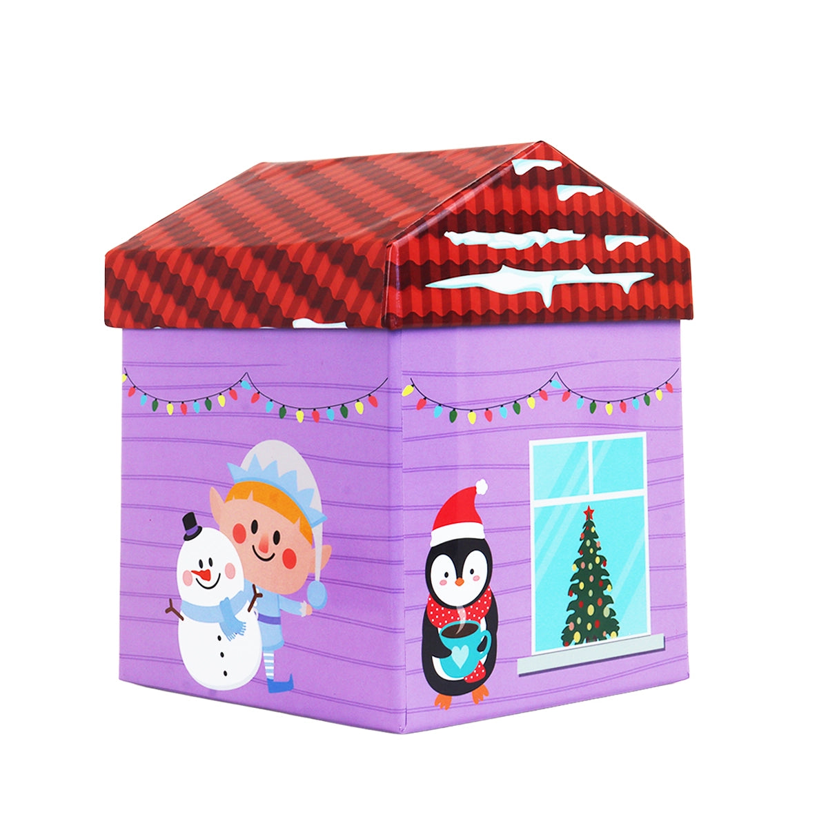 Caja Navideña en Forma de Casa, Color Morado