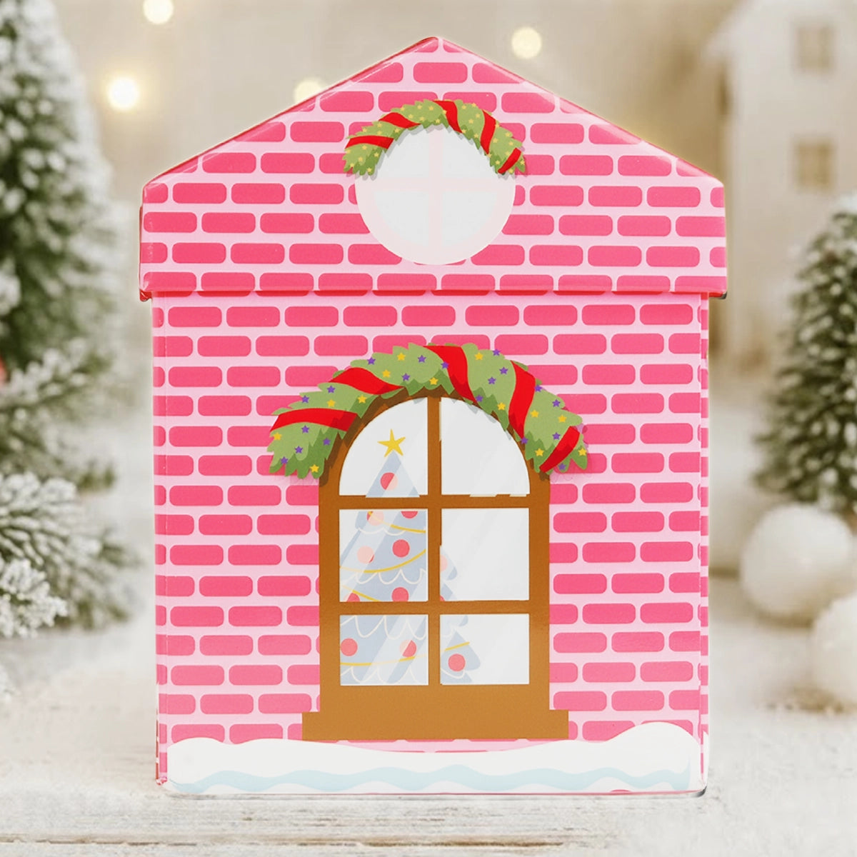Caja Navideña en Forma de Casa, Nevada, Color Rosa