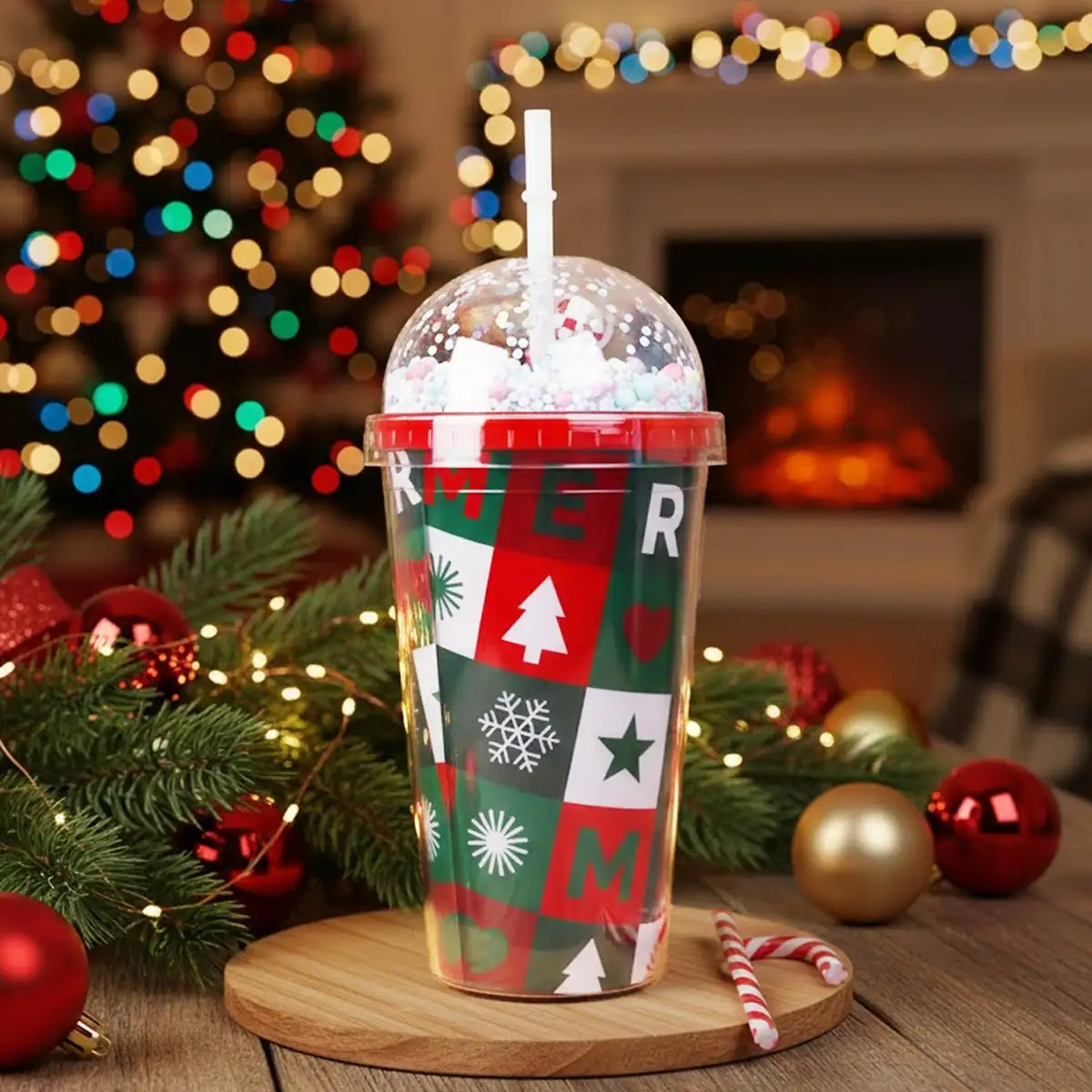 Vaso de Plástico con Tapa y Popote, Navidad