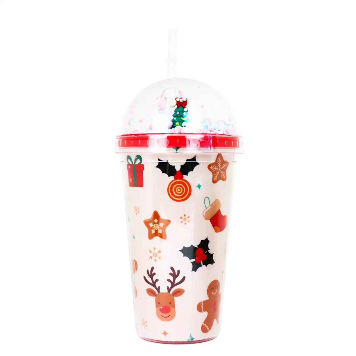 Vaso de Plástico con Tapa y Popote, Navideño