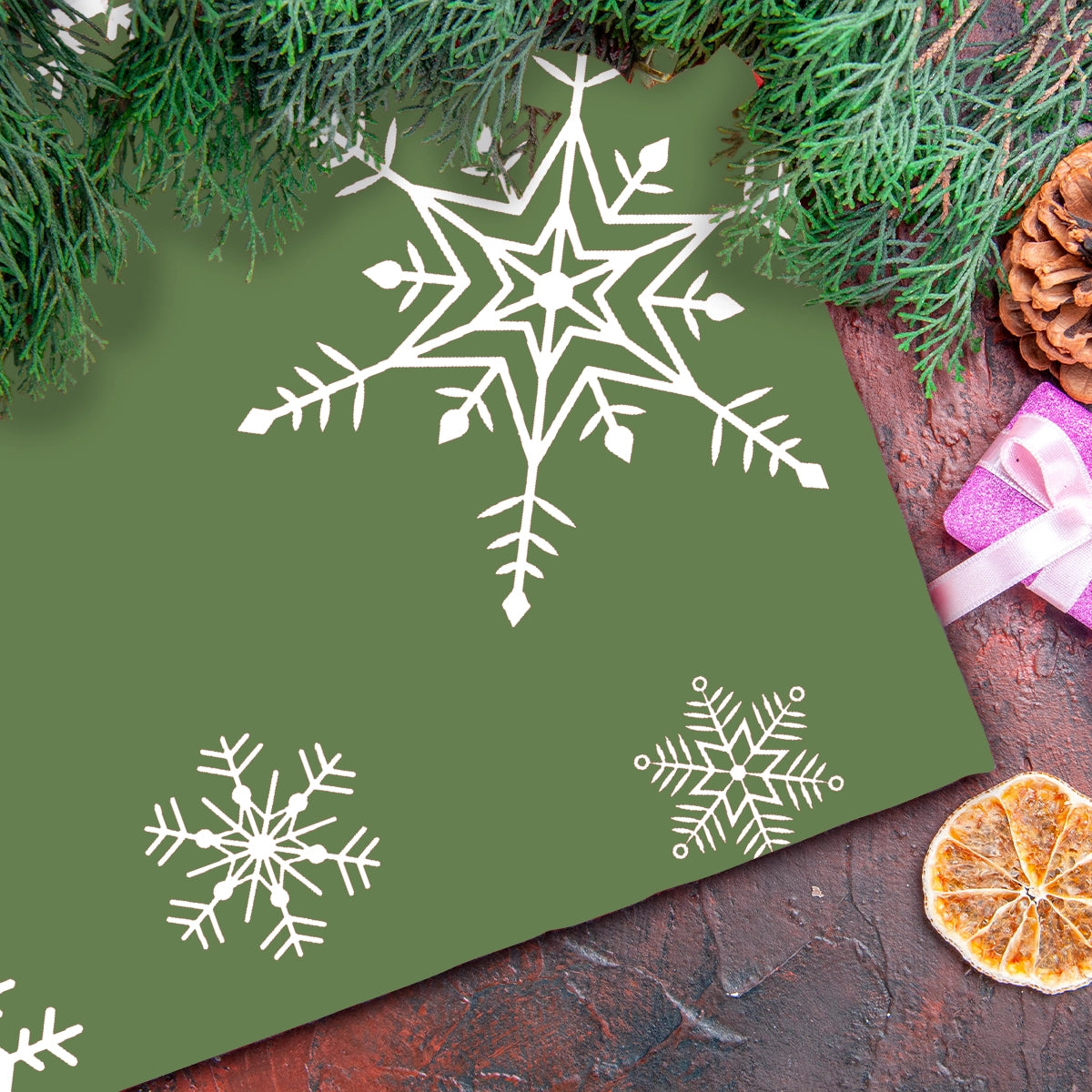 Mantel Navideño, Estampado de Copos de Nieve, Color Verde