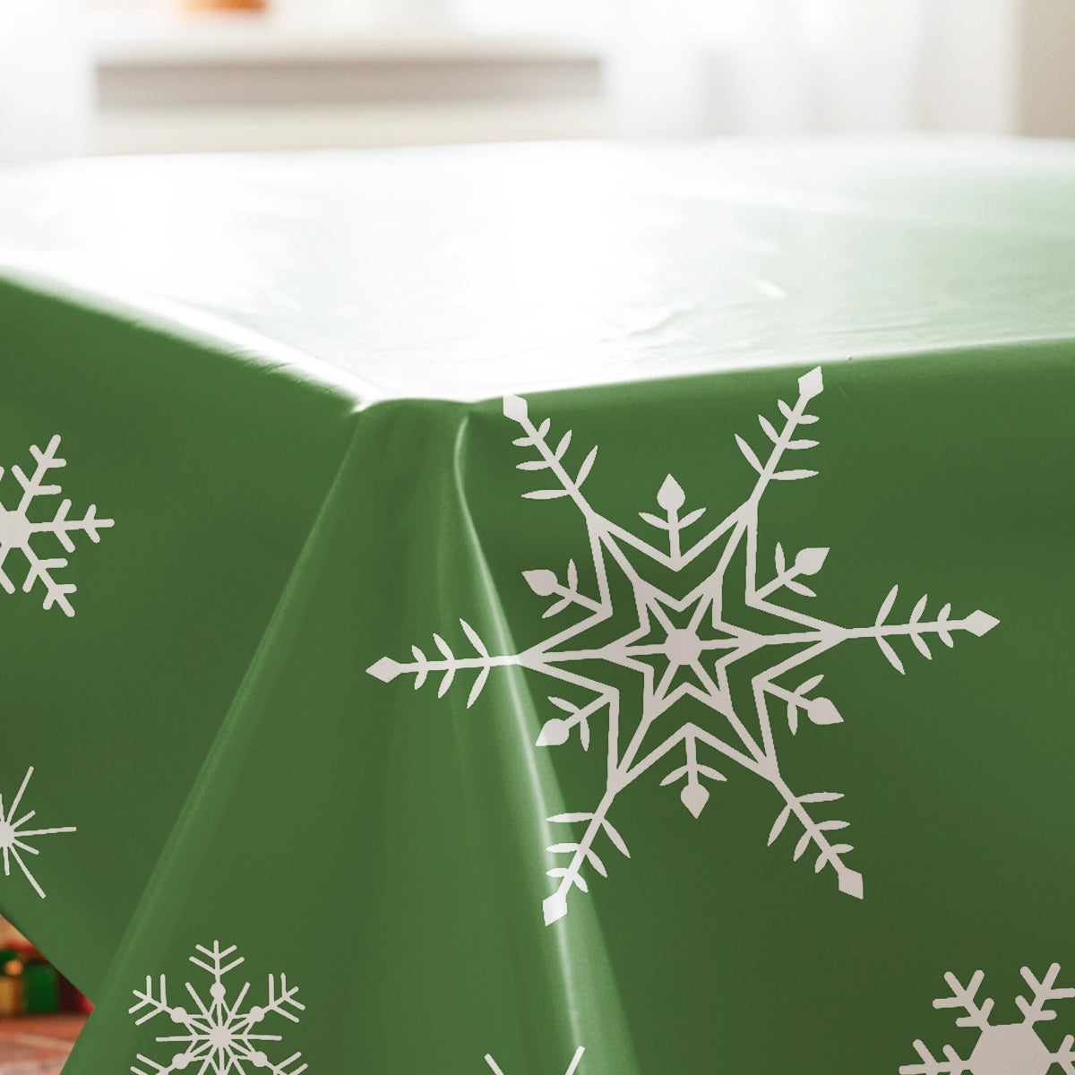 Mantel Navideño, Estampado de Copos de Nieve, Color Verde