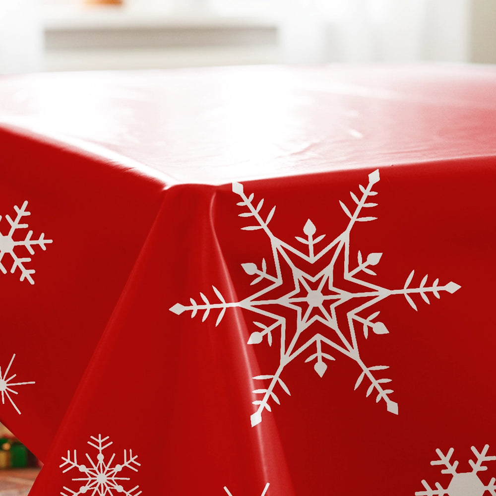 Mantel Navideño, Estampado de Copos de Nieve, Color Rojo