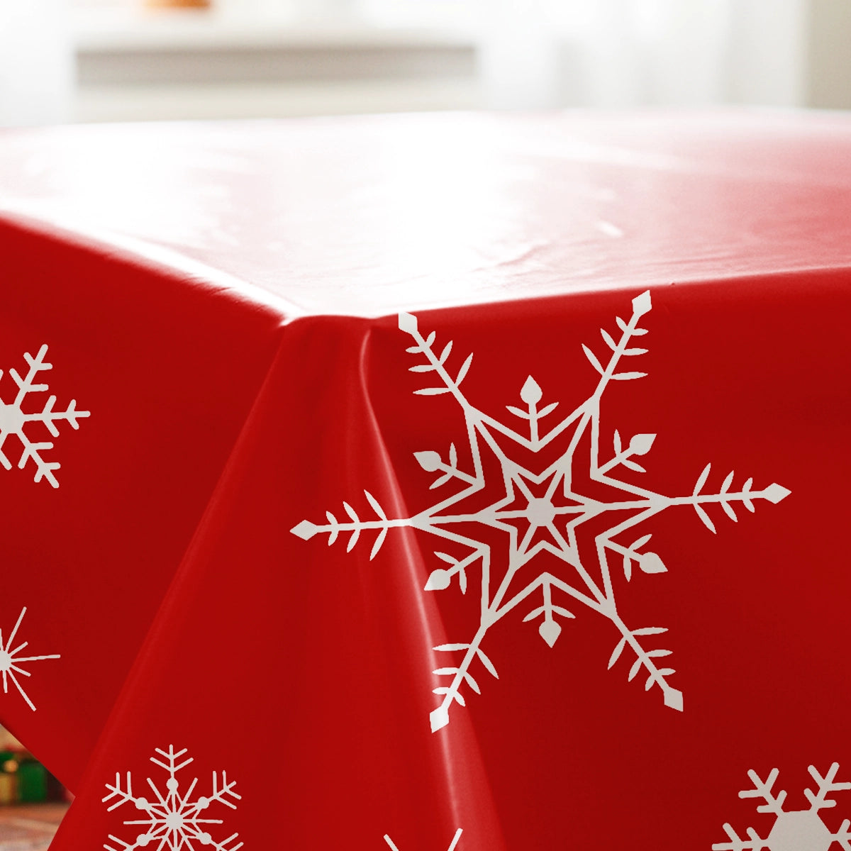 Mantel Navideño, Estampado de Copos de Nieve, Color Rojo