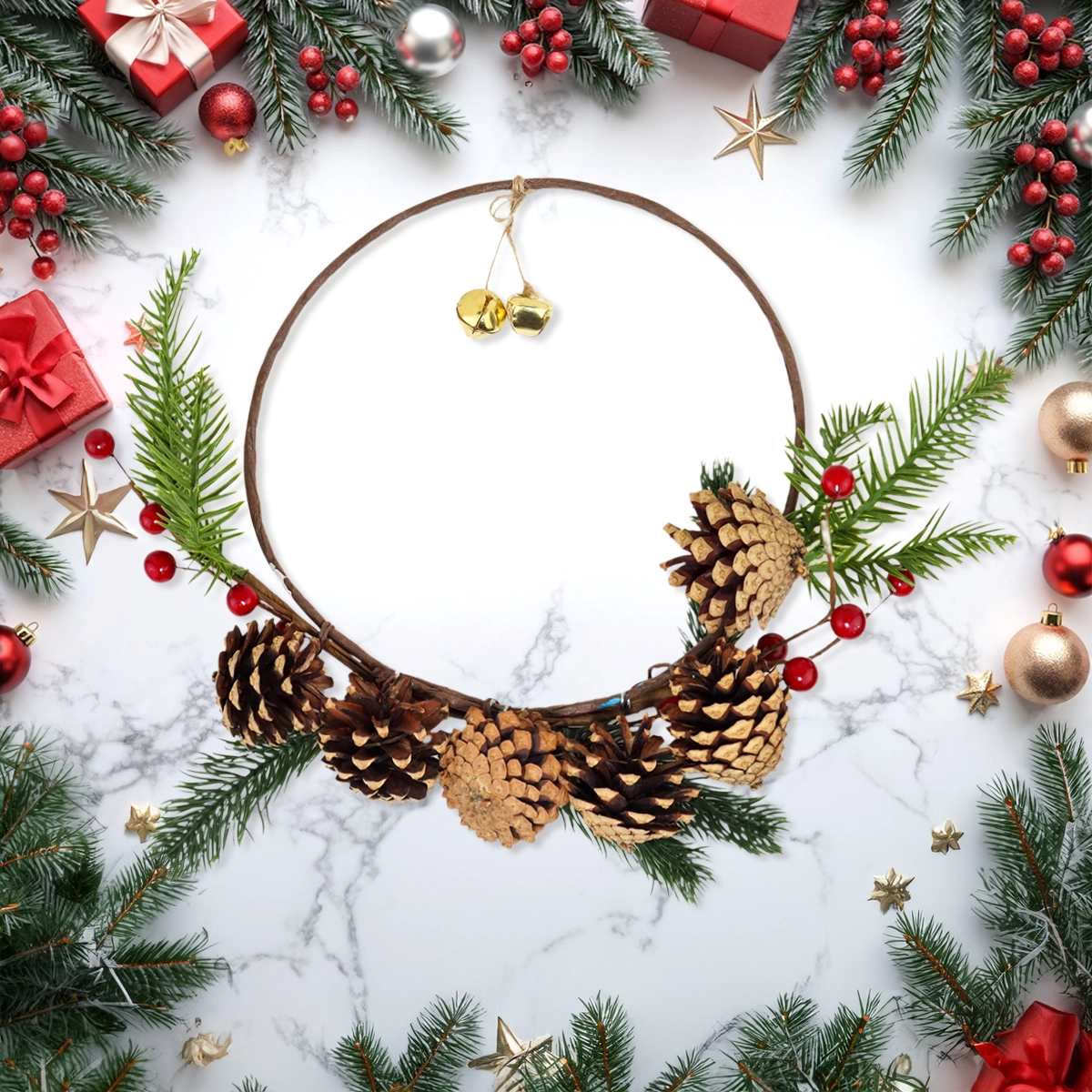 Corona Navideña con Piñas y Cascabeles