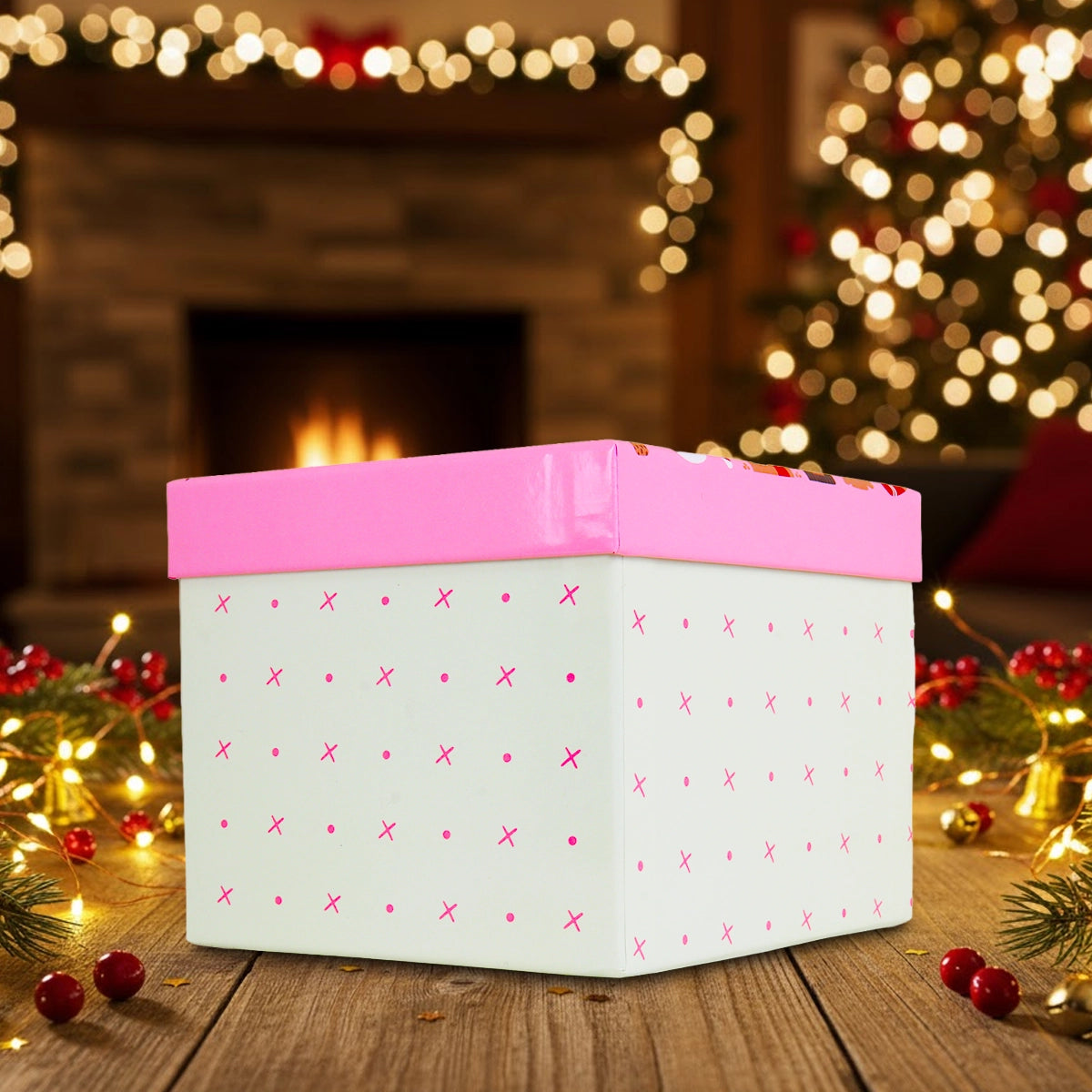 Caja de Regalo Navideña, Merry Christmas, Color Rosa