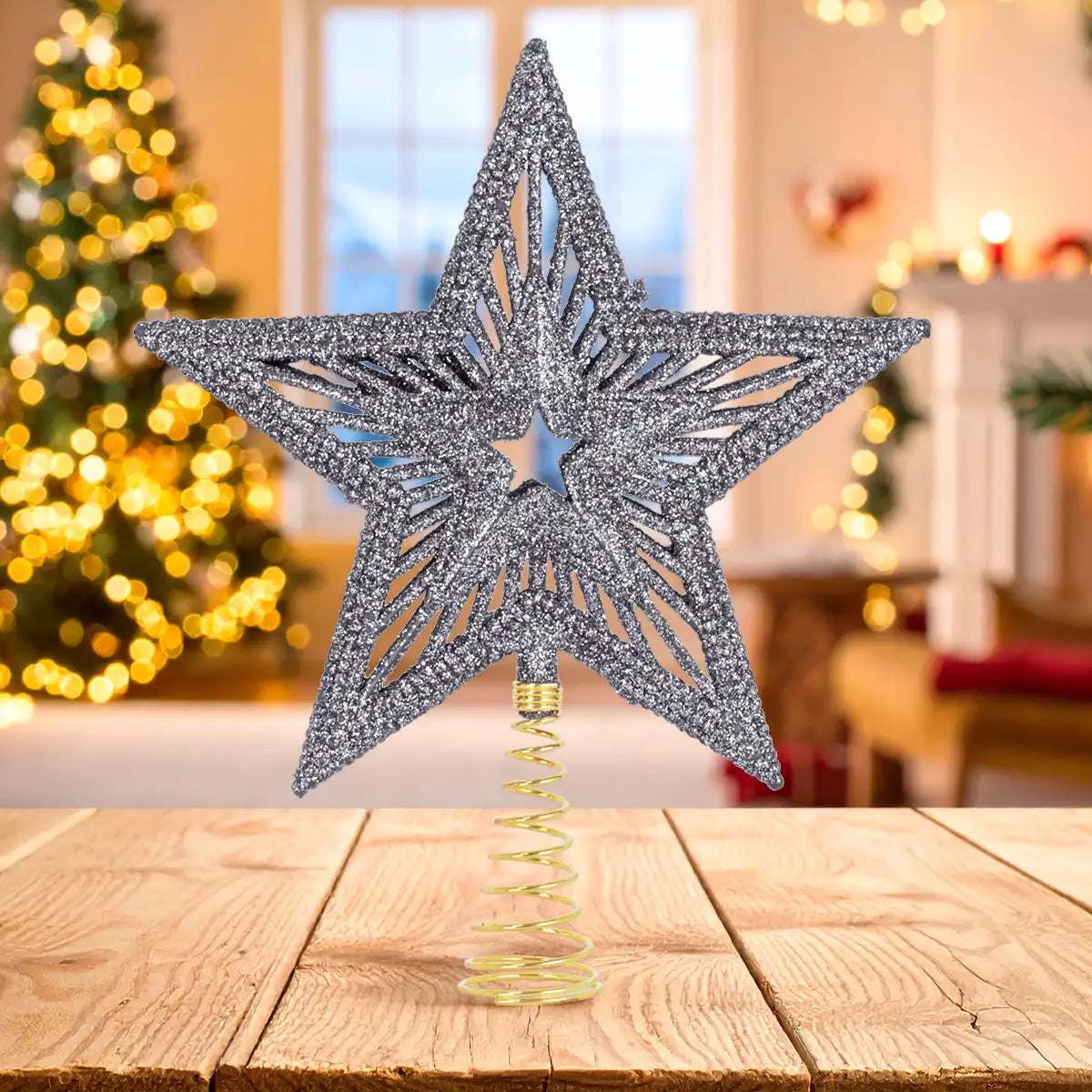 Estrella de Árbol, Textura Glitter, Color Plata