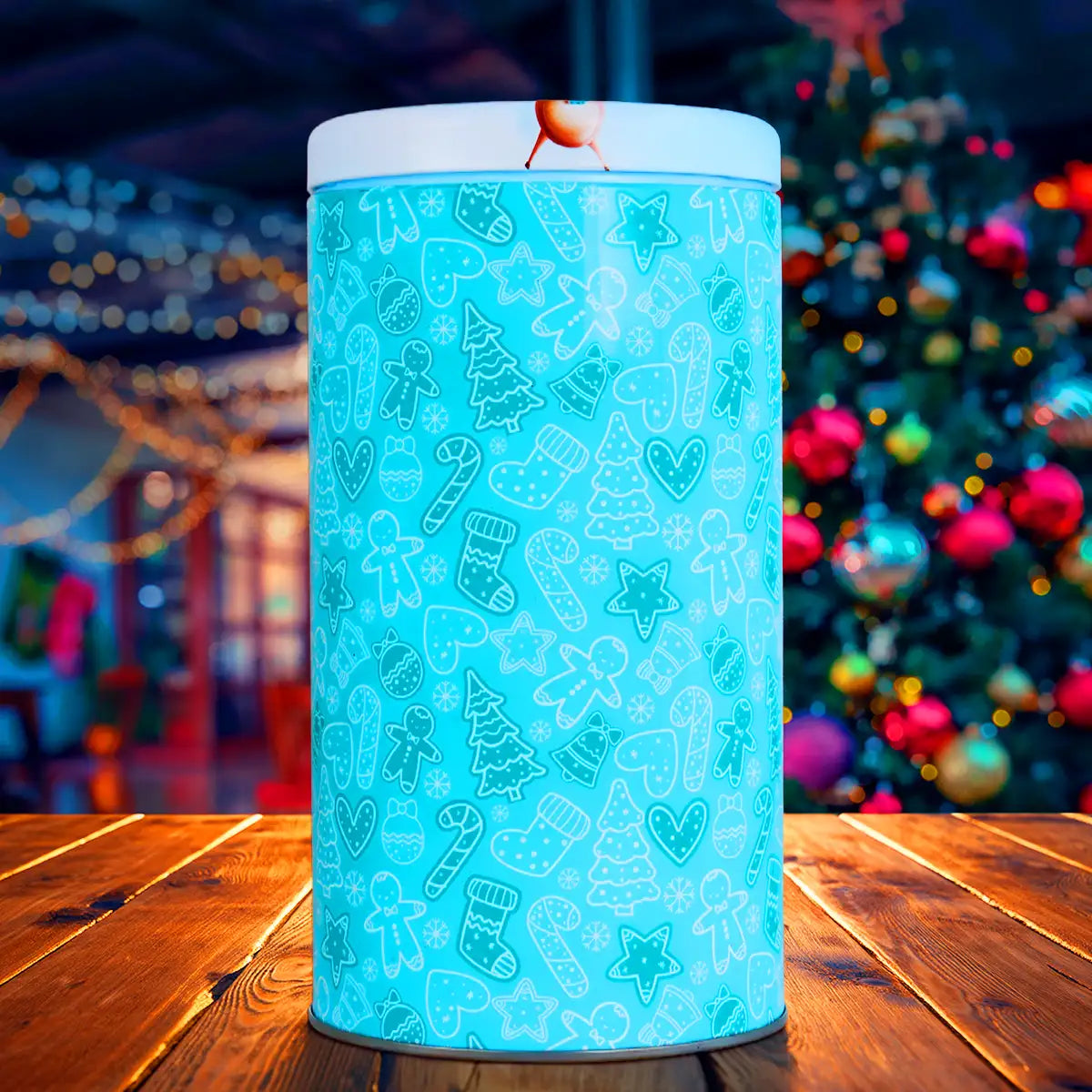 Lata Galletas Navideñas, Cilindro, Color Azul, 300 gr