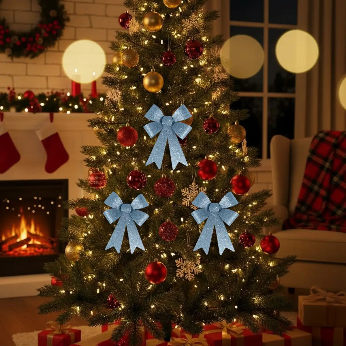 Moño Decorativo, Glitter, Color Azul, 3 pzas