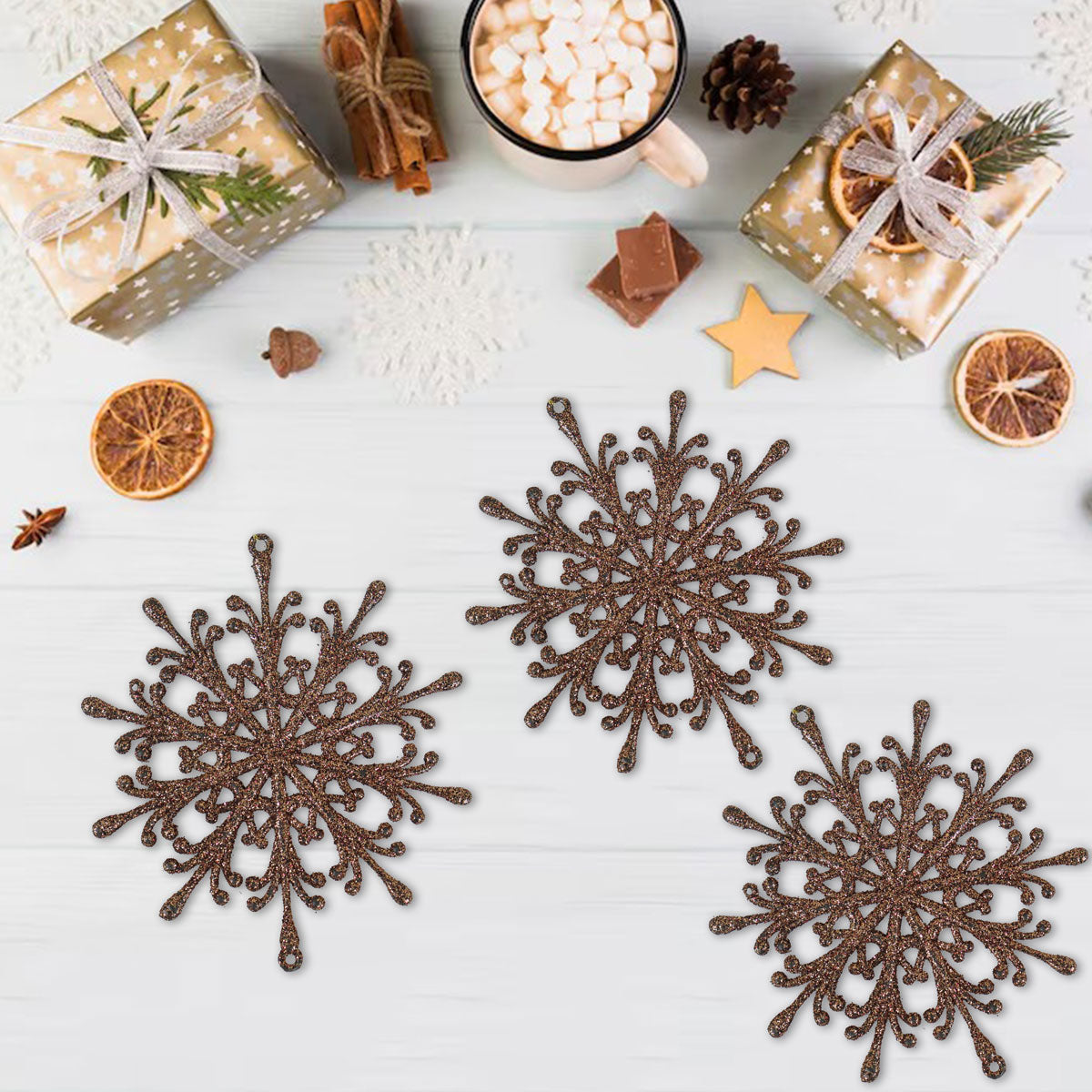 Ornamento, Copo de Nieve, Color Café, 2 pzas