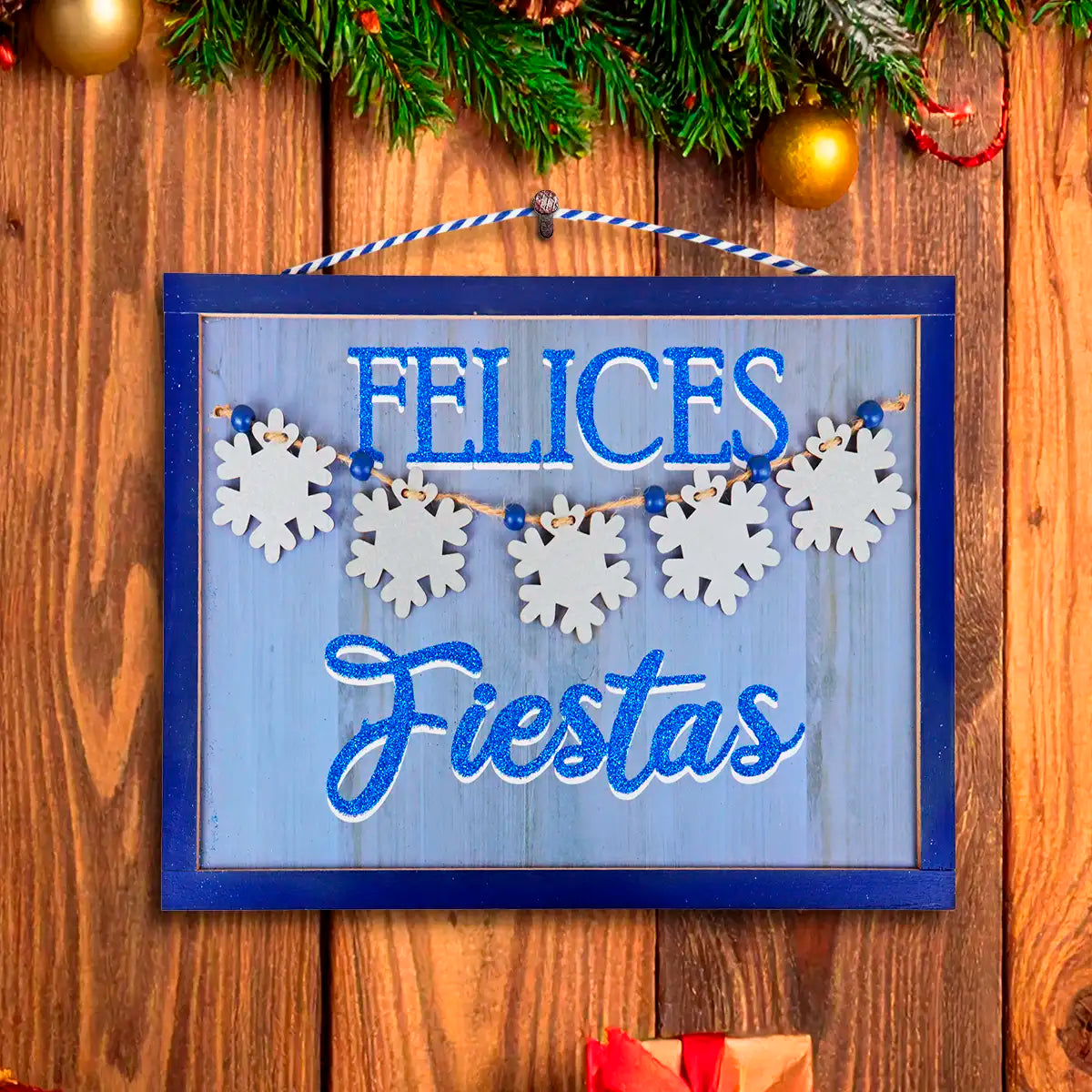 Letrero Colgante "Felices Fiestas" Color Azul
