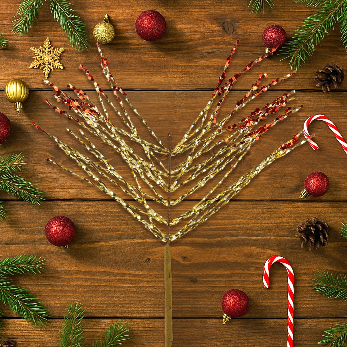 Vara de Follaje Artificial Navideña, Color Dorado