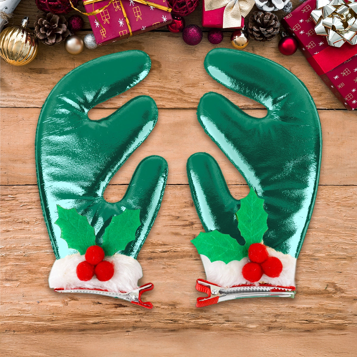 Broches de Cabello Navideños, Cuernos Reno, Color Verde