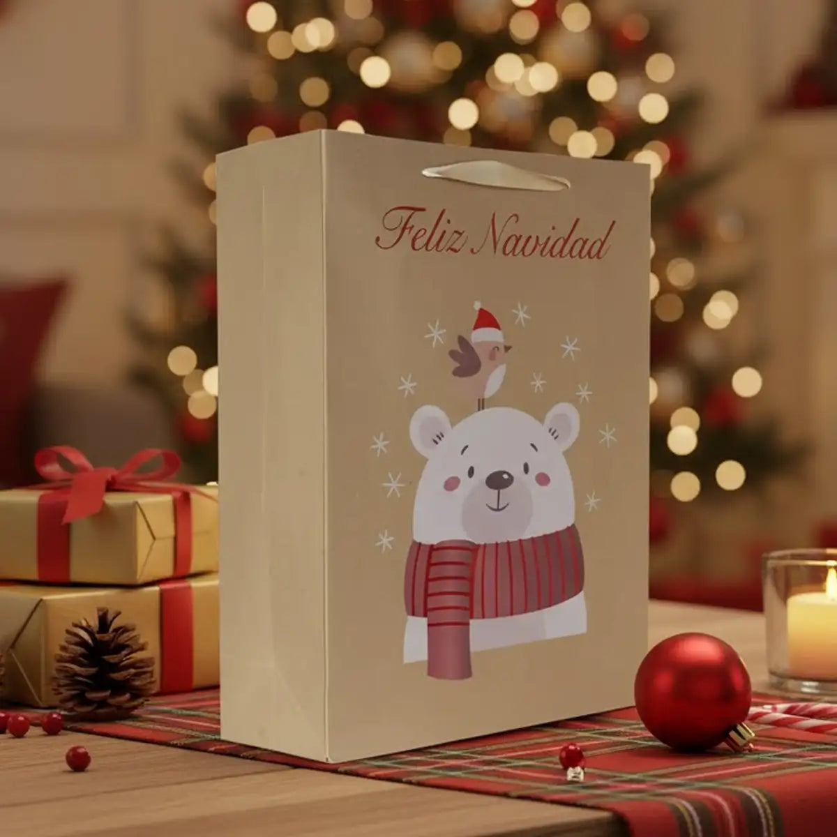Bolsa de Regalo Navideña, Kraft, Oso Polar