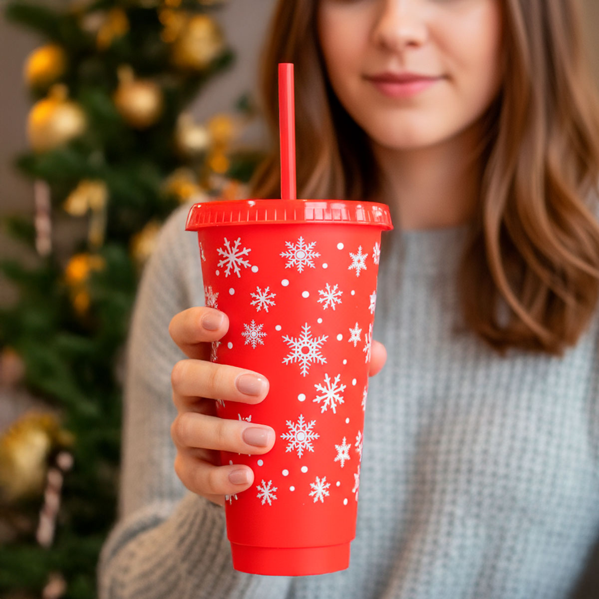 Vaso de Plástico con Tapa y Popote, Navideño, Copos de Nieve
