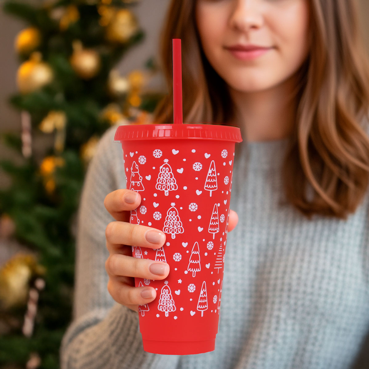 Vaso de Plástico con Tapa y Popote, Navideño, Pino