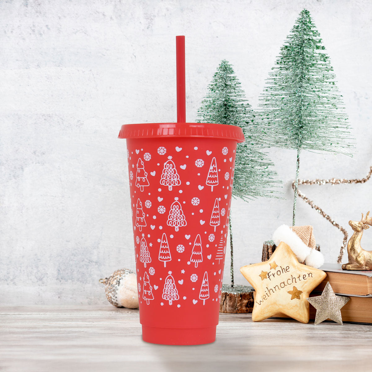 Vaso de Plástico con Tapa y Popote, Navideño, Pino