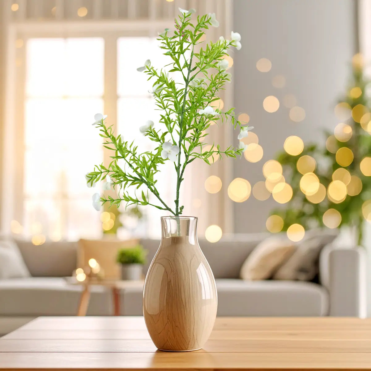 Rama de Follaje Artificial con Flores, Color Blanco