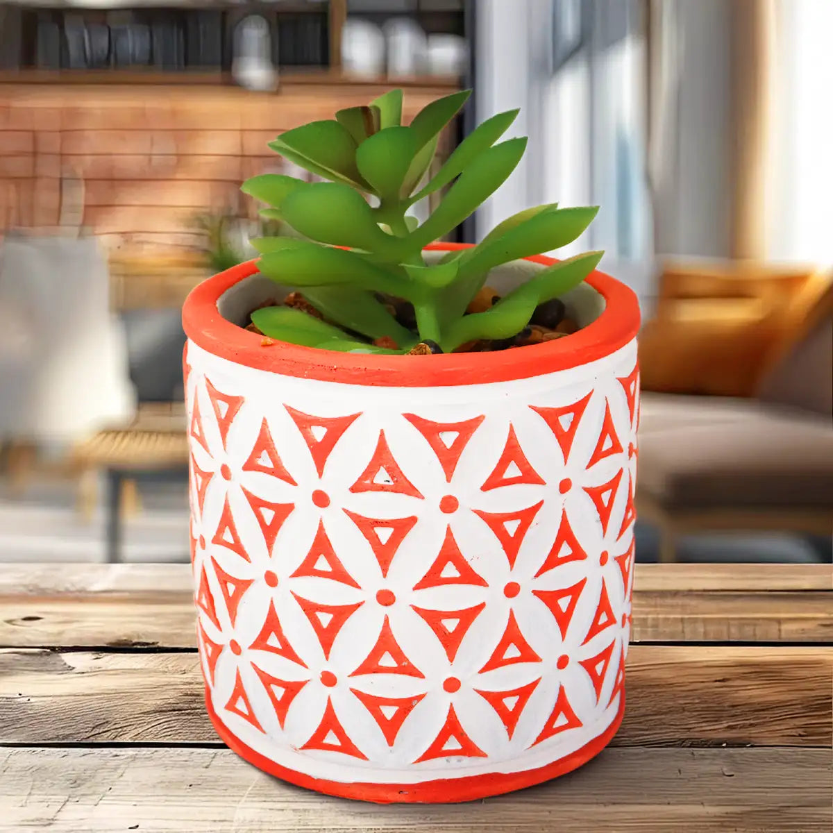 Maceta con Planta Artificial, Diseño Color Naranja